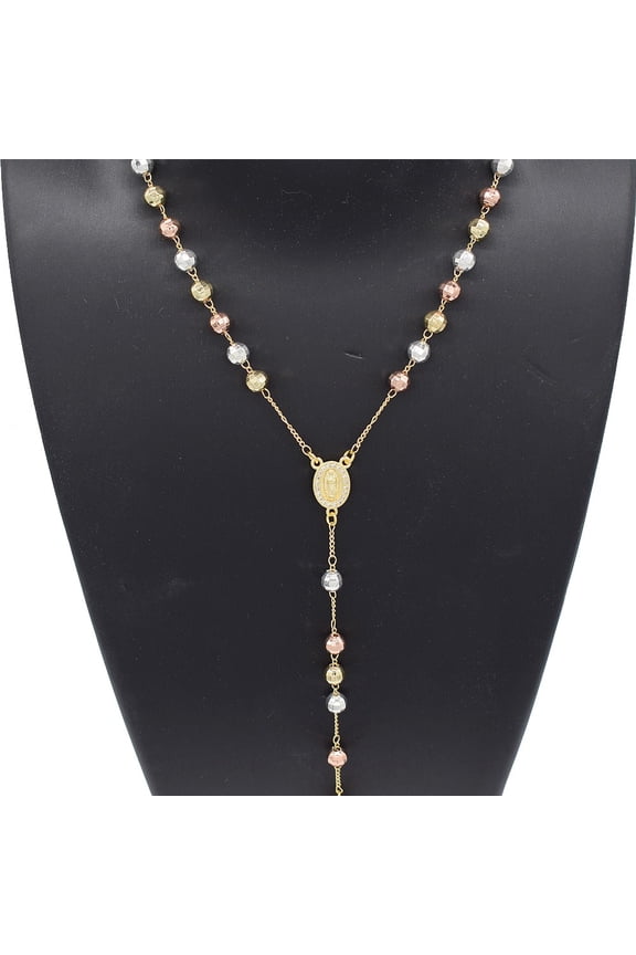 Women's 3 Colors Beads Religious Rosary Cross Charm Y Necklace Chain 24 inches length 18kt Gold Plated - Prayer Virgin De Guadalupe Rosario Crucifijo