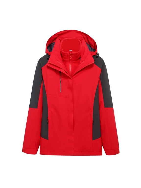 Women's 3 In 1 Waterproof Ski Jacket Detachable Hood Thermal Windbreaker Winter Snow Coat Outdoor Sport Outwear (S, Red)