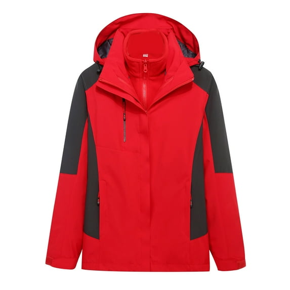 Women's 3 In 1 Waterproof Ski Jacket Detachable Hood Thermal Windbreaker Winter Snow Coat Outdoor Sport Outwear (XL, Red)