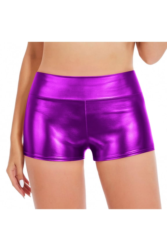 Women's 3 Inch Shiny Metallic Rave Booty Shorts Hot Pants Party Dance Bottom Purple