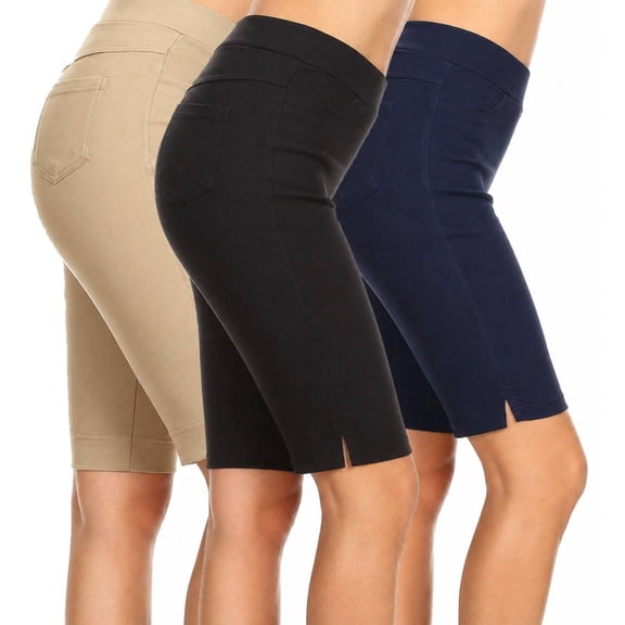Women's 3 Pack 9" Stretchy Bermuda Shorts Elastic Waist Slim Fit Side Slit Jean Style Knee Length Size S-3XL