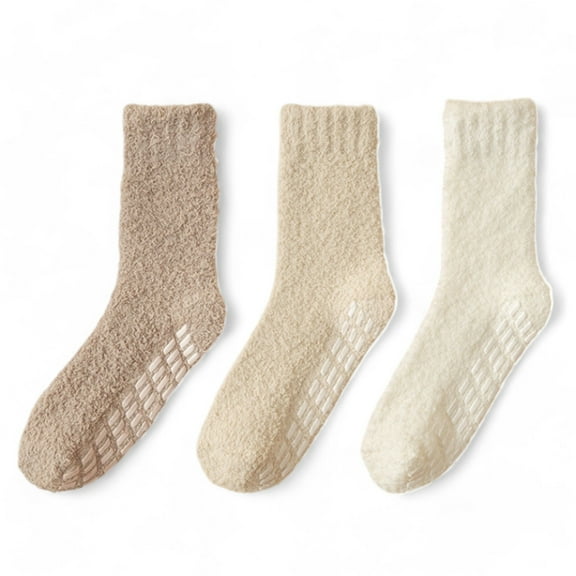 Women's 3-Pack Anti-Slip Fuzzy Grip Socks for Cozy Indoor Comfort - Neutrals