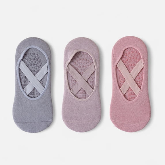 Women's 3-Pack Ballet Style Grip Socks with Crisscross Elastic and Non-Slip Soles for Barre Pilates Yoga - Multicolored