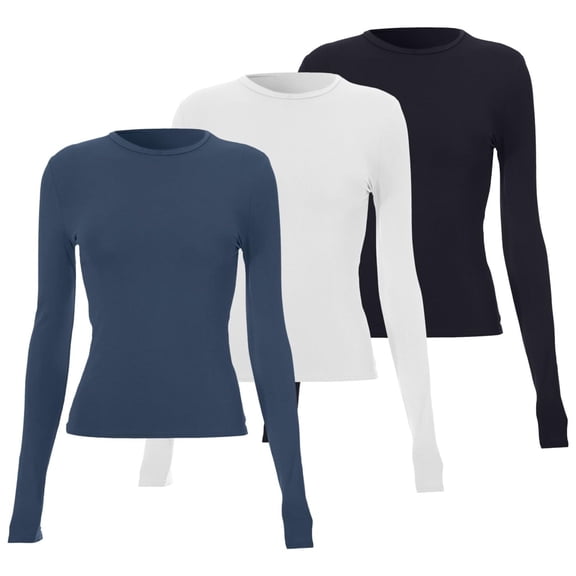 Women's 3 Pack Basic Long Sleeve Top, Slim Fit Layering Tee, Solid Color Stretch Shirt, Comfortable Round Neck Blouse, Multipack Everyday Wear, Soft Crewneck Pullover C M