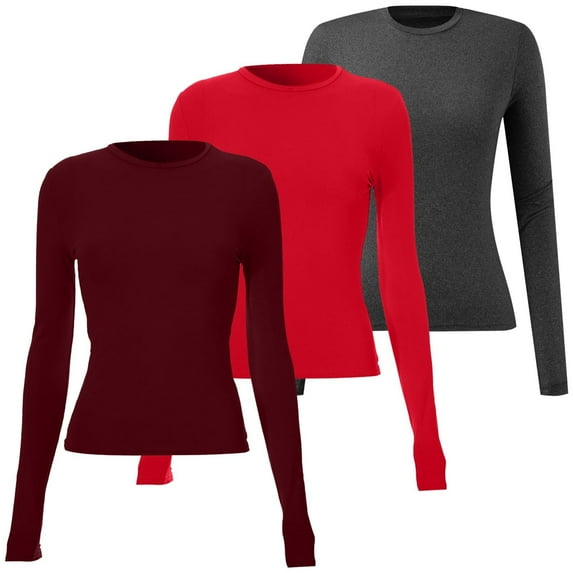 Women's 3 Pack Basic Long Sleeve Top, Slim Fit Layering Tee, Solid Color Stretch Shirt, Comfortable Round Neck Blouse, Multipack Everyday Wear, Soft Crewneck Pullover U L