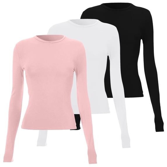 Women's 3 Pack Basic Long Sleeve Top, Slim Fit Layering Tee, Solid Color Stretch Shirt, Comfortable Round Neck Blouse, Multipack Everyday Wear, Soft Crewneck Pullover R XL