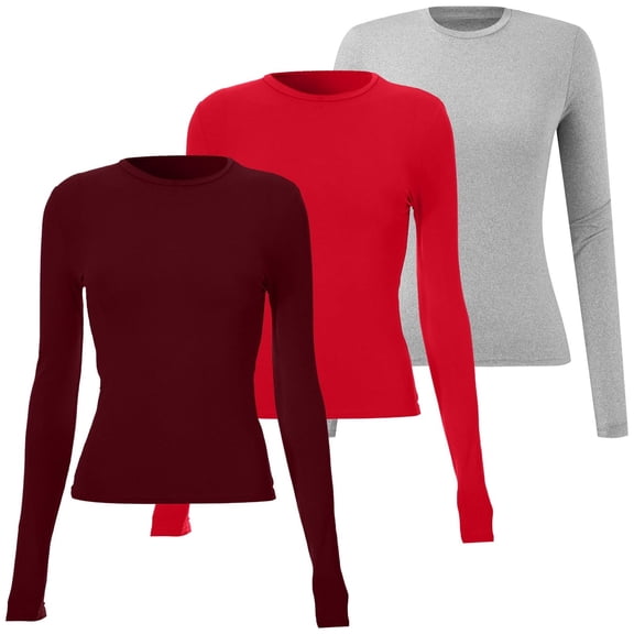 Women's 3 Pack Basic Long Sleeve Top, Slim Fit Layering Tee, Solid Color Stretch Shirt, Comfortable Round Neck Blouse, Multipack Everyday Wear, Soft Crewneck Pullover W L