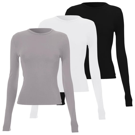 Women's 3 Pack Basic Long Sleeve Top, Slim Fit Layering Tee, Solid Color Stretch Shirt, Comfortable Round Neck Blouse, Multipack Everyday Wear, Soft Crewneck Pullover P L