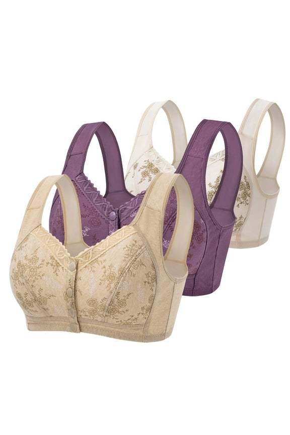 Women's 3 Pack Bras, Daisy Bras for Women No Underwire Front Closure Comfort Senior Wireless Snap Closing Bra Full Coverage Everyday Bras S-4XL