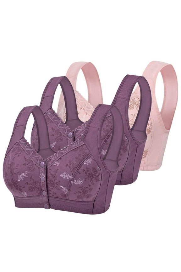 Women's 3 Pack Bras, Daisy Bras for Women No Underwire Front Closure Comfort Senior Wireless Snap Closing Bra Full Coverage Everyday Bras S-4XL