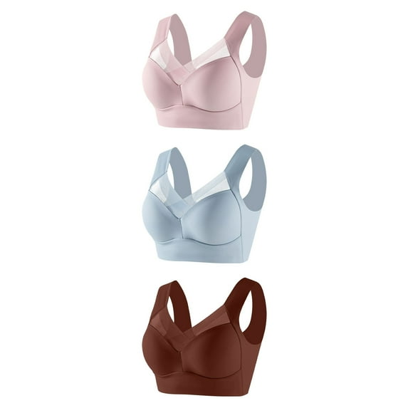 Women's 3 Pack Bras, V Neck Crossover Lace Mesh Bras for Women No Underwire Seamless Bralette Wireless Bra Full Coverage Everyday Bra for Older Women L-6XL