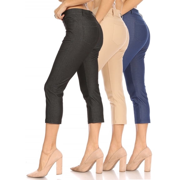 Women's 3 Pack Casual Comfy Slim Pocket Jeggings Jeans Capri Pants
