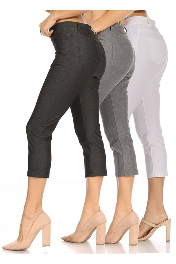 Women's 3 Pack Casual Comfy Slim Pocket Jeggings Jeans Capri Pants
