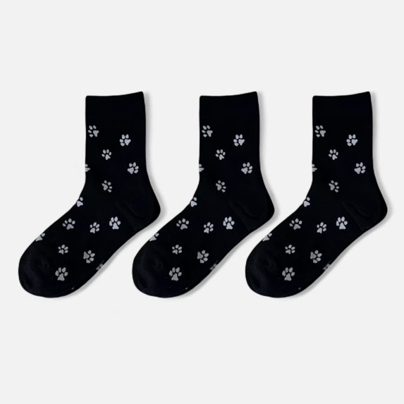 Women's 3-Pack Crew Socks with Allover Paw Print Pattern Soft Stretch Casual Sock Set - Black