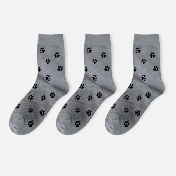 Women's 3-Pack Crew Socks with Allover Paw Print Pattern Soft Stretch Casual Sock Set - Gray