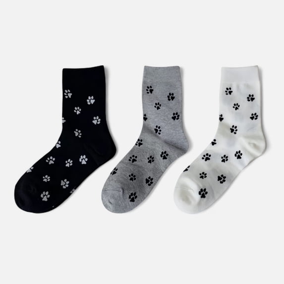 Women's 3-Pack Crew Socks with Allover Paw Print Pattern Soft Stretch Casual Sock Set - Multicolored