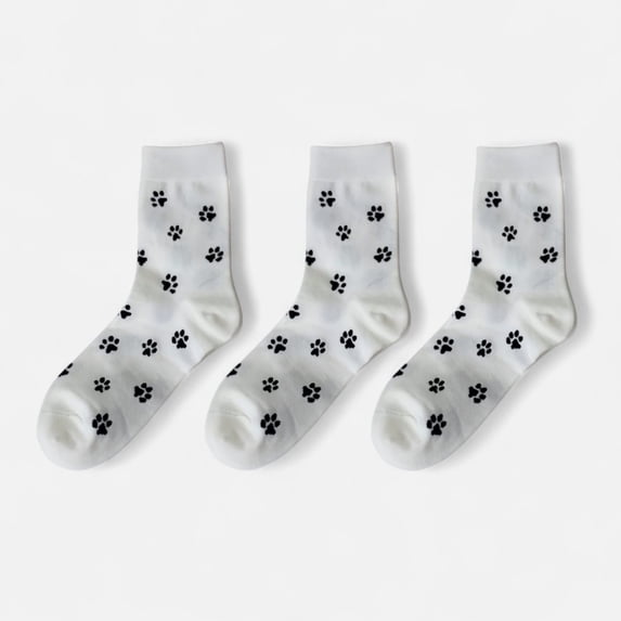 Women's 3-Pack Crew Socks with Allover Paw Print Pattern Soft Stretch Casual Sock Set - White