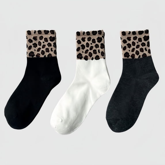 Women's 3-Pack Crew Socks with Ribbed Leopard Print Cuffs and Soft Stretch Knit Design - Multicolored-A