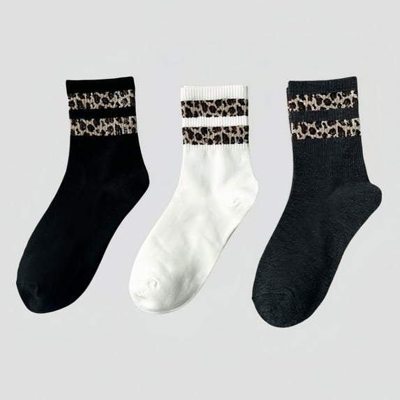 Women's 3-Pack Crew Socks with Ribbed Leopard Print Cuffs and Soft Stretch Knit Design - Multicolored-B