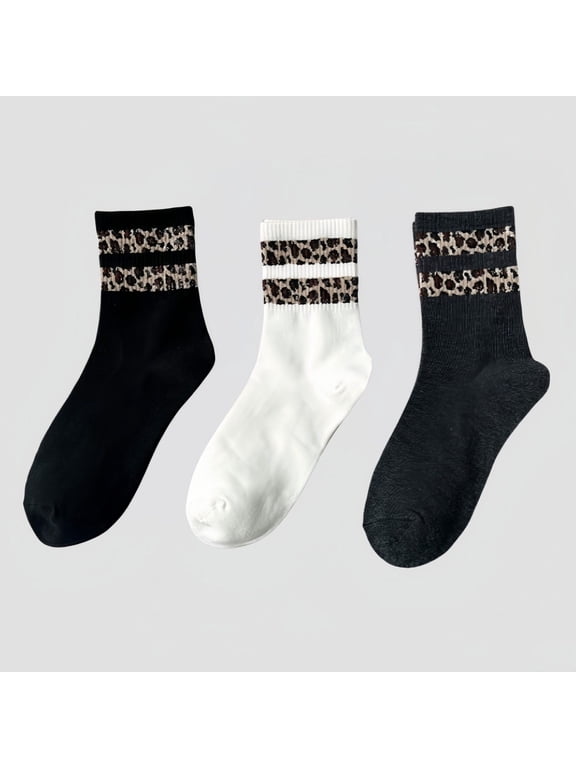 Women's 3-Pack Crew Socks with Ribbed Leopard Print Cuffs and Soft Stretch Knit Design - Multicolored-B