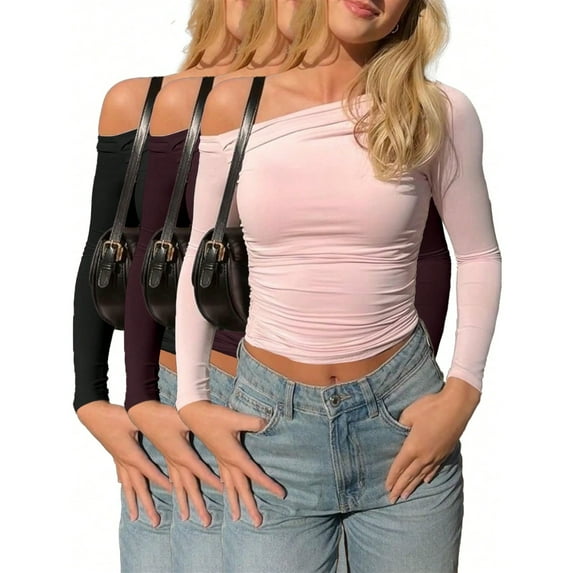 Women’s 3-Pack Cropped Athletic Tops Autumn Fitness T-Shirts Pullover Sportswear for Casual Workout Wear