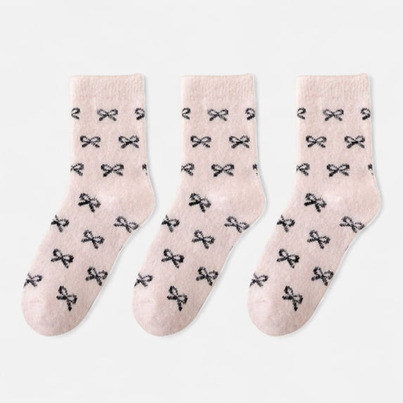 Women's 3-Pack Fuzzy Crew Socks with Allover Bow Pattern Soft Cozy Knit Winter Sock Set - Light Khaki