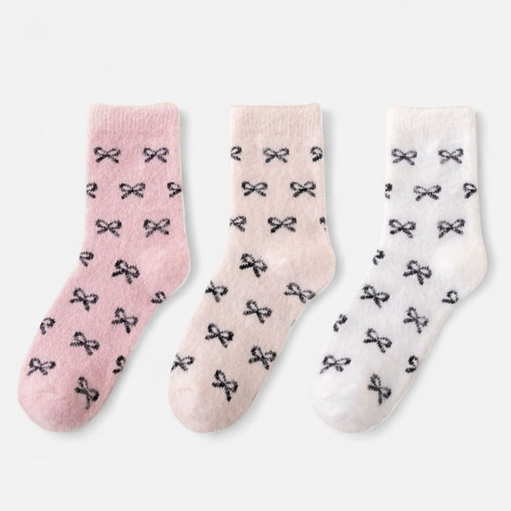 Women's 3-Pack Fuzzy Crew Socks with Allover Bow Pattern Soft Cozy Knit Winter Sock Set - Multicolored
