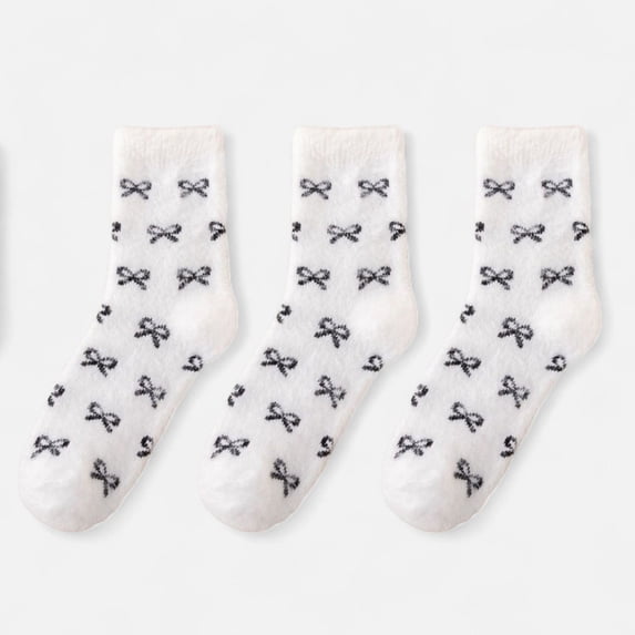 Women's 3-Pack Fuzzy Crew Socks with Allover Bow Pattern Soft Cozy Knit Winter Sock Set - White