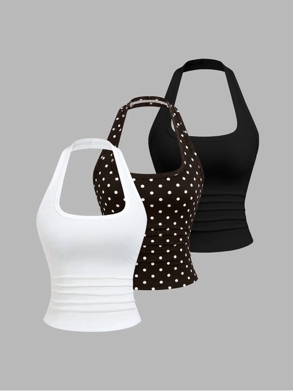 Women's 3 Pack Halter Top Open Back Ruched Fitted Waist Cropped Cami Top Minimalist Casual for Office Commute & Everyday Wear
