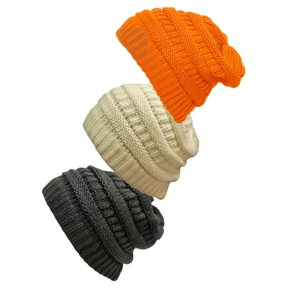 Women's 3-Pack Knit Beanie Cap Hat - Black/Ivory/Neon Orange