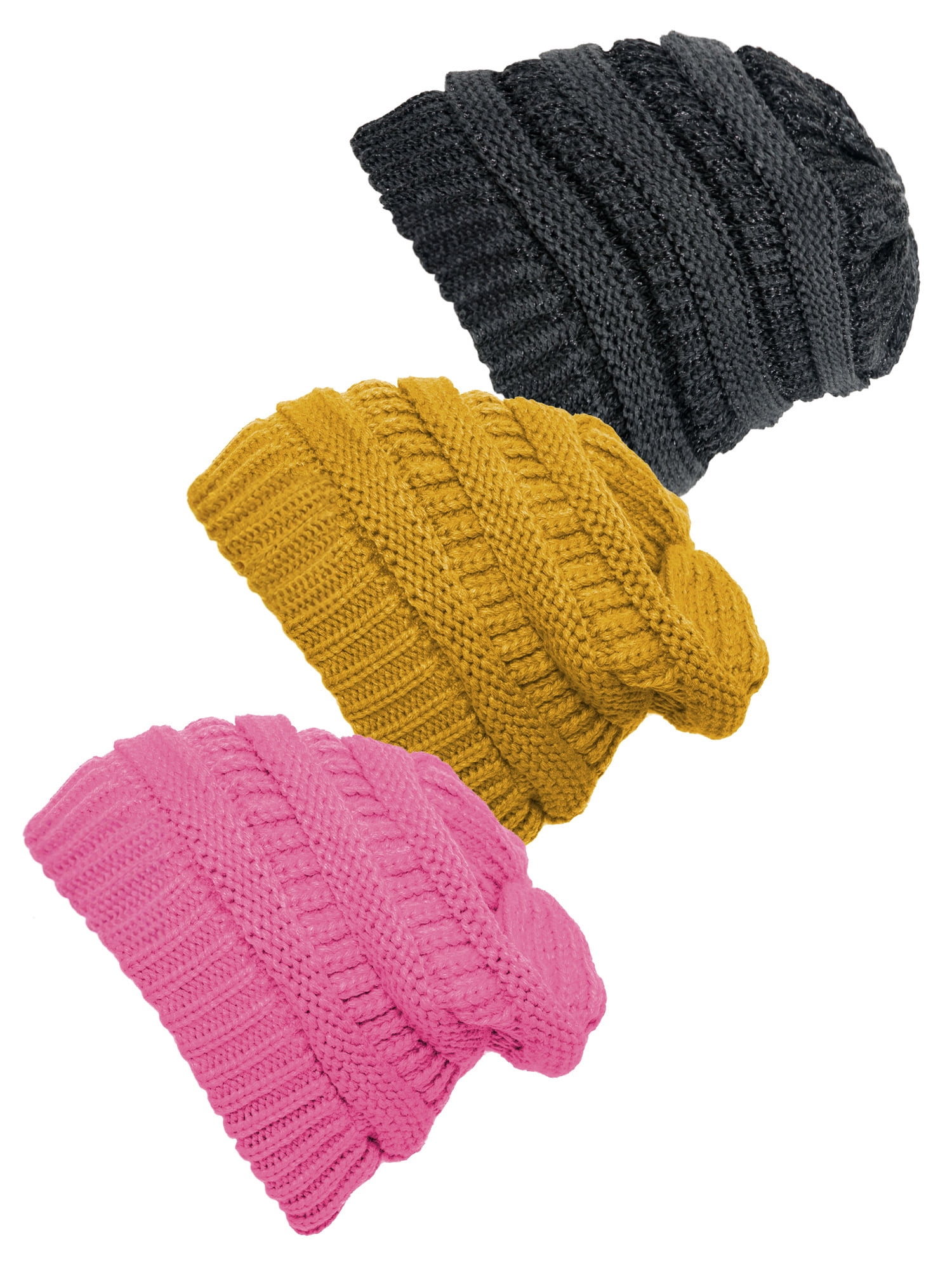 Women's 3-Pack Knit Beanie Cap Hat - Wine/Denim/Rust - Walmart.com