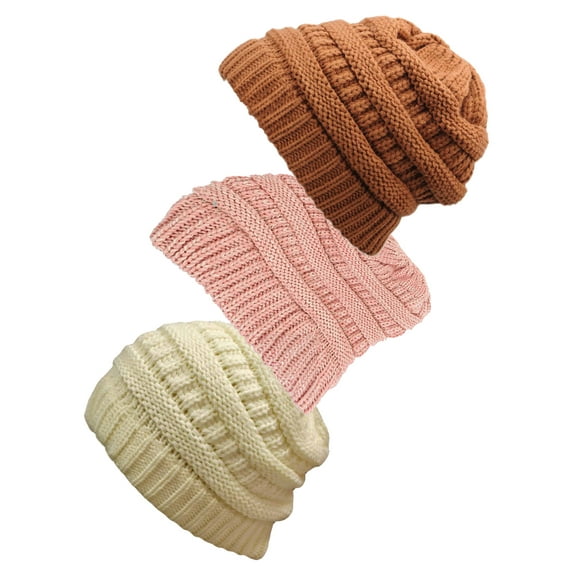 Women's 3-Pack Knit Beanie Cap Hat - Ivory/India Pink/Rust