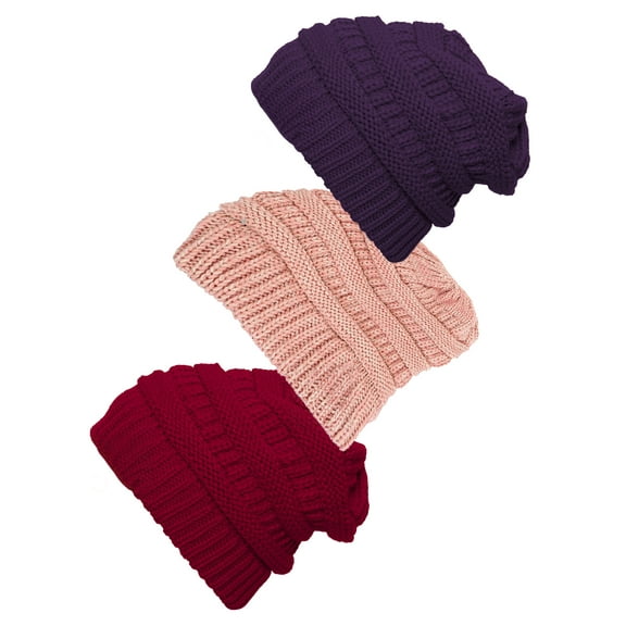 Women's 3-Pack Knit Beanie Cap Hat - Red/India Pink/Purple