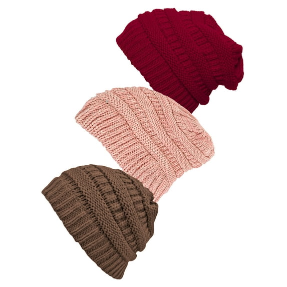 Women's 3-Pack Knit Beanie Cap Hat - Taupe/Red/India Pink
