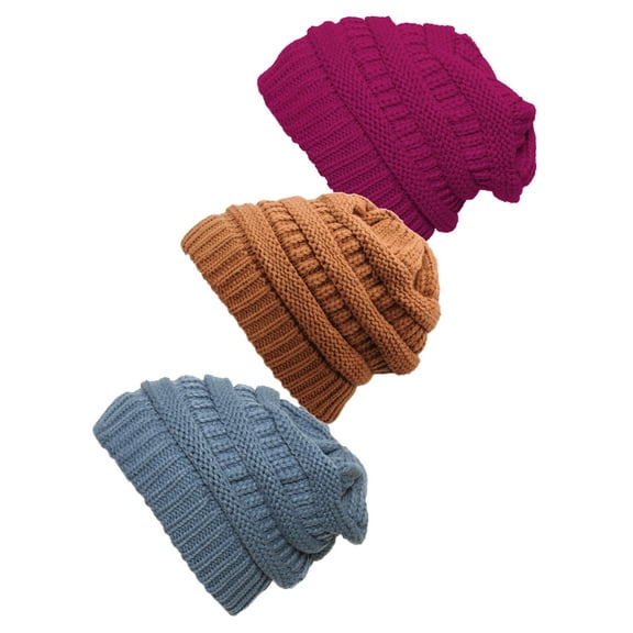 Women's 3-Pack Knit Beanie Cap Hat - Wine/Denim/Rust