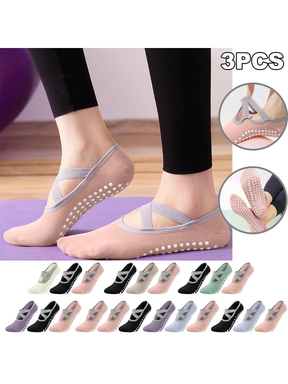 Women's 3 Pack Pilates Non Slip Grip Socks, Breathable Fabric, Shock Absorbing Cushion Sole, Anti-Skid Floor Socks for Home Workout Yoga Dance | TruHer,Khaki Free Size
