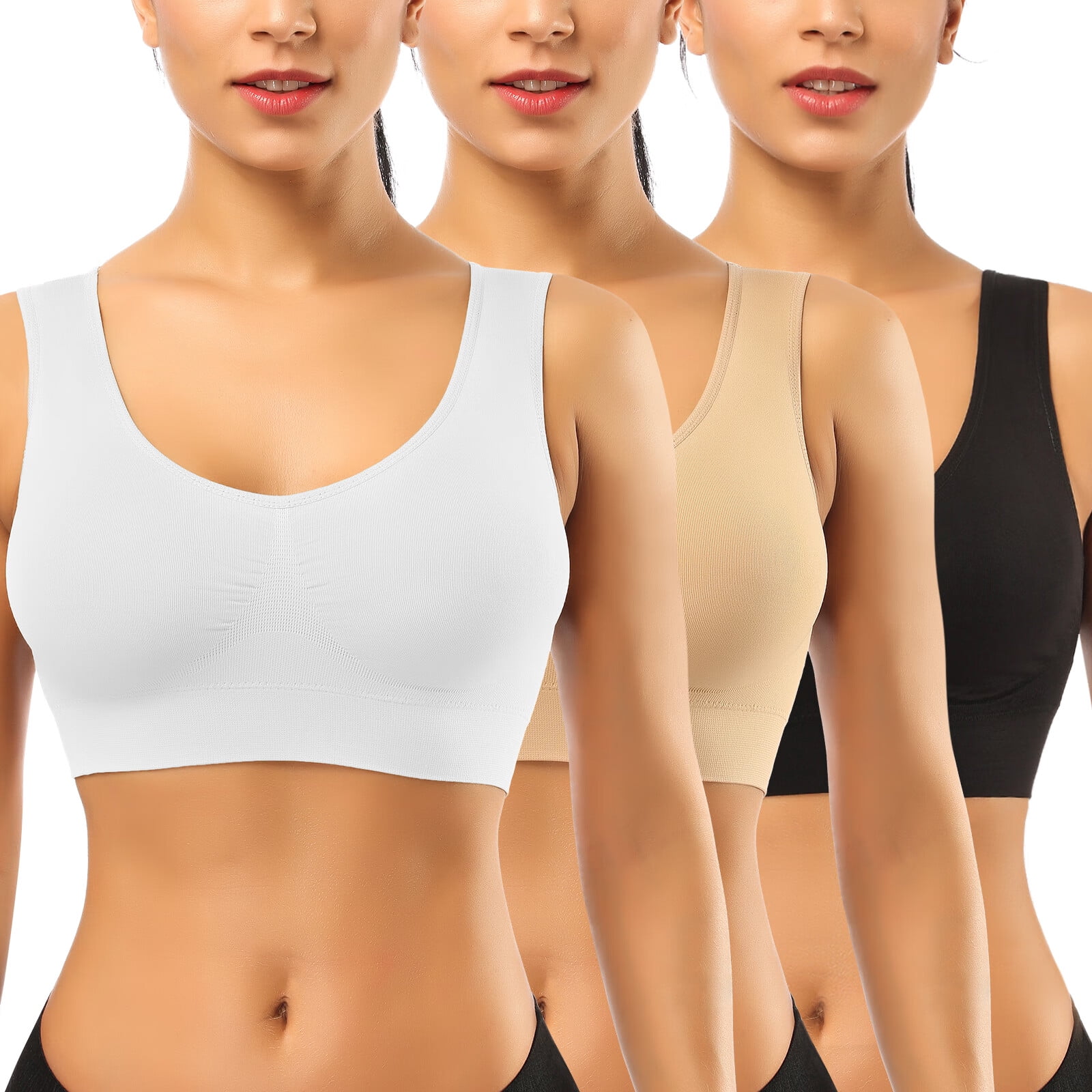 Women's 3 Pack Seamless Comfortable Sports Bra with Removable Pads,Full-Coverage Pullover