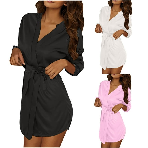 Women’s 3-Pack Silky Satin Robe – Short Kimono Bathrobe with Deep V-Neck & Pockets (Luxury Bridal & Spa Wear)