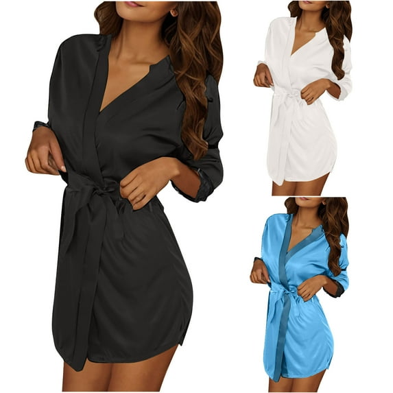 Women’s 3-Pack Silky Satin Robe – Short Kimono Bathrobe with Deep V-Neck & Pockets (Luxury Bridal & Spa Wear)