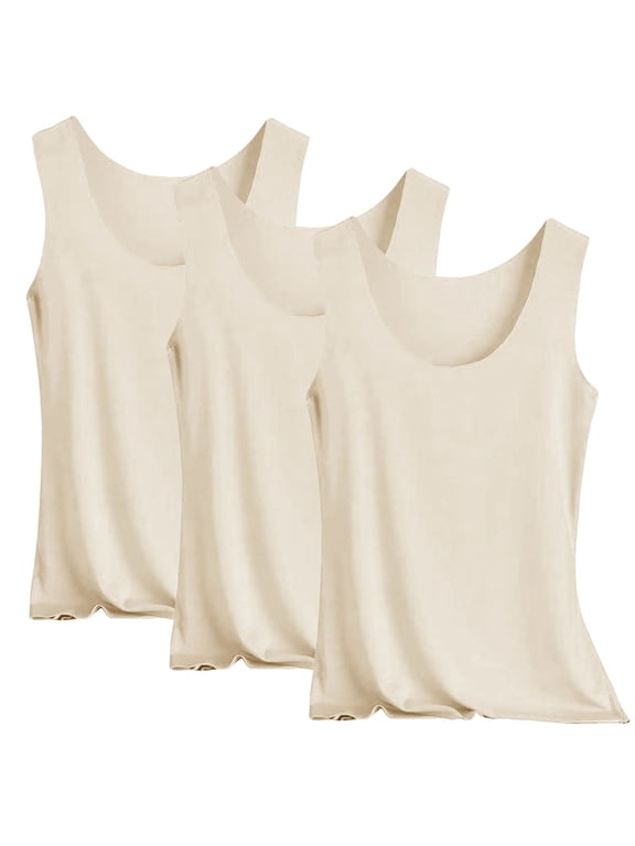 Women's 3-Pack Tank Top Set, Sleeveless Seamless Icy Silk Base Layer Camisoles, Value Pack of Lightweight Undershirts for Summer Comfort Beige L
