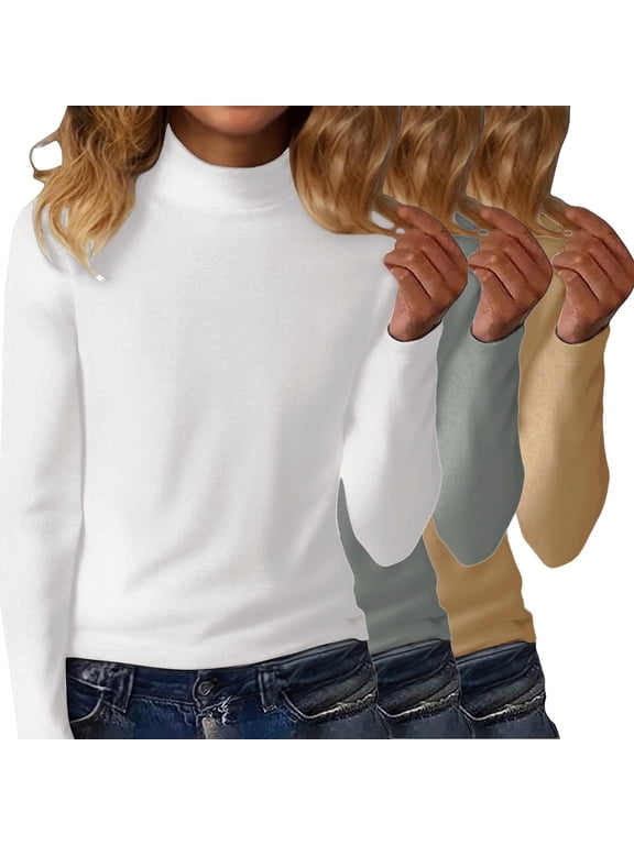 Women's 3-Pack Thermal Fleece Turtleneck Sweaters, Solid Color Derong Knit Tops, Warm Base Layer Set, Soft Crewneck Pullovers, Winter Layering Basics, Cozy Long Sleeve Shirts White L