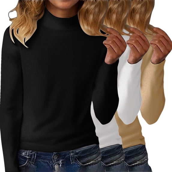 Women's 3-Pack Thermal Fleece Turtleneck Sweaters, Solid Color Derong Knit Tops, Warm Base Layer Set, Soft Crewneck Pullovers, Winter Layering Basics, Cozy Long Sleeve Shirts Black L