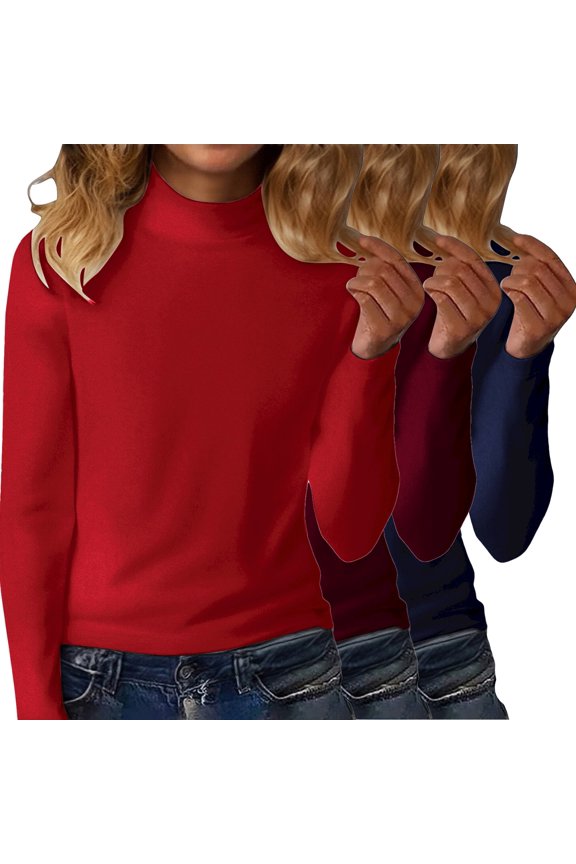 Women's 3-Pack Thermal Fleece Turtleneck Sweaters, Solid Color Derong Knit Tops, Warm Base Layer Set, Soft Crewneck Pullovers, Winter Layering Basics, Cozy Long Sleeve Shirts Hot Pink XXL