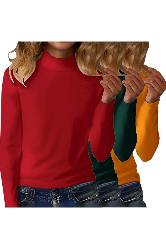 Women's 3-Pack Thermal Fleece Turtleneck Sweaters, Solid Color Derong Knit Tops, Warm Base Layer Set, Soft Crewneck Pullovers, Winter Layering Basics, Cozy Long Sleeve Shirts Red XXL