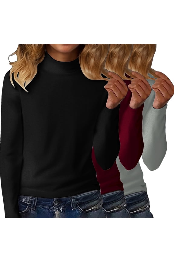 Women's 3-Pack Thermal Fleece Turtleneck Sweaters, Solid Color Derong Knit Tops, Warm Base Layer Set, Soft Crewneck Pullovers, Winter Layering Basics, Cozy Long Sleeve Shirts Light Ashy L
