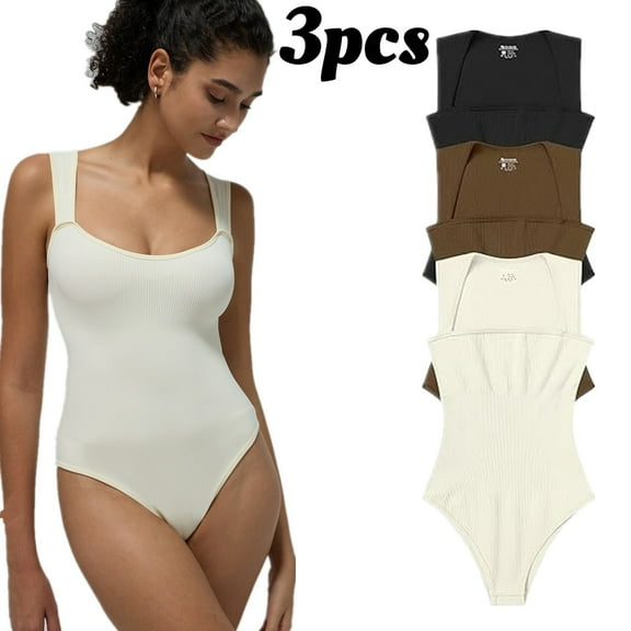 Women's 3-Pack Yoga Bodysuits - Wide Shoulder Straps Slim Fit, Seamless Design & Non-Roll Waistband, Workout Tank Tops for Shaping, Daily Wear & Fall/Winter Layering