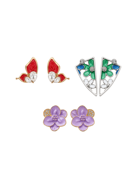 Women's 3-Pair Floral Stud Earrings Set, Colorful Decorative Designs, Fashion Accessories