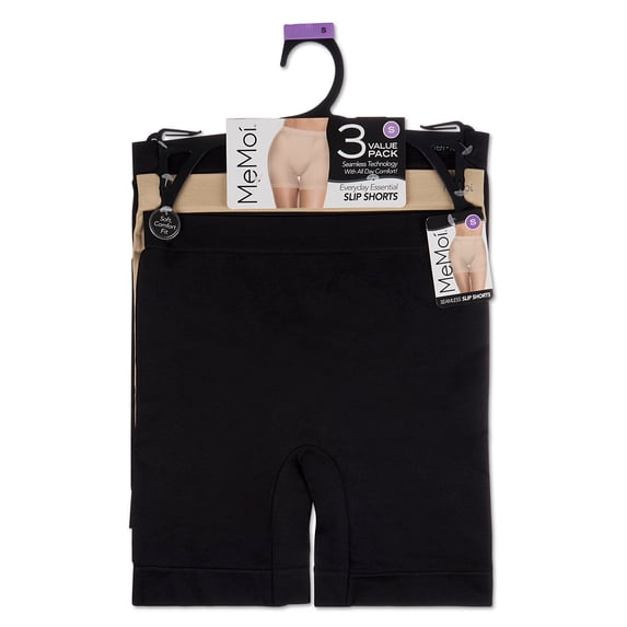 MeMoi 3 Pair Women's Seamless Non-Chafe Tag-Free Slip Shorts - Womens - Female, L, Black Black Buff