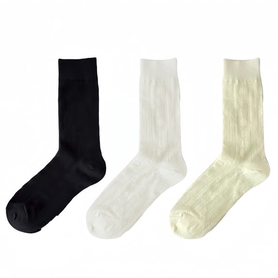 Women's 3-Pair Ribbed Crew Socks with Embroidered Bow Knit Texture in Neutral Shades for Everyday Wear - Multicolored-B