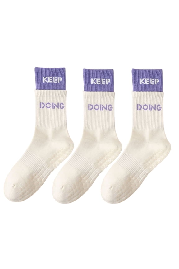 Women's 3-Pair Set Mid-Calf Grip Socks with Cushioned Soles and Motivational Text for Yoga Pilates Fitness - 3 pairs-F